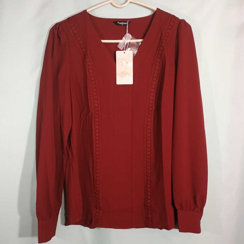Burgundy Blouse Women Long Sleeve V Neck Lace Detail Dressy Casual Top